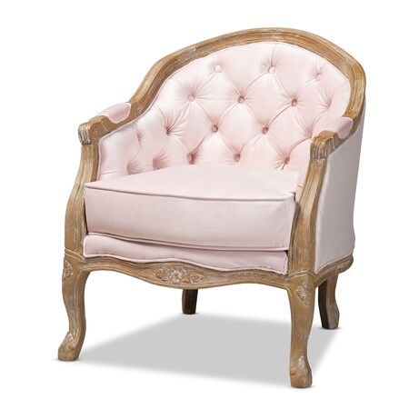 Baxton Studio Genevieve Light Pink Velvet Upholstered White-Washed Oak Wood Armchair 156-9492